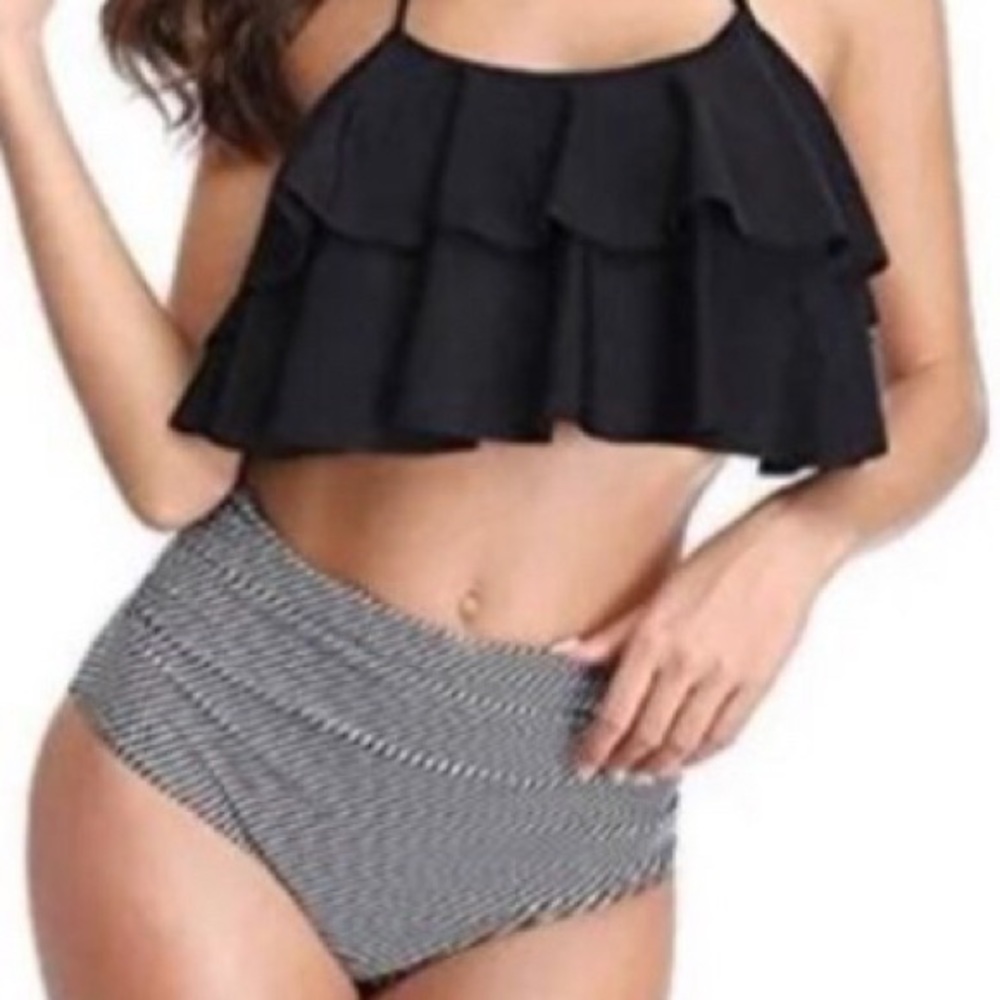 Marinavida Two Piece Black Ruffled Halter Top & High Waist S